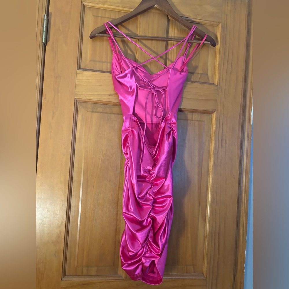 Windsor Hot Pink Satin Cowl Neck Mini Dress - Picture 2 of 3